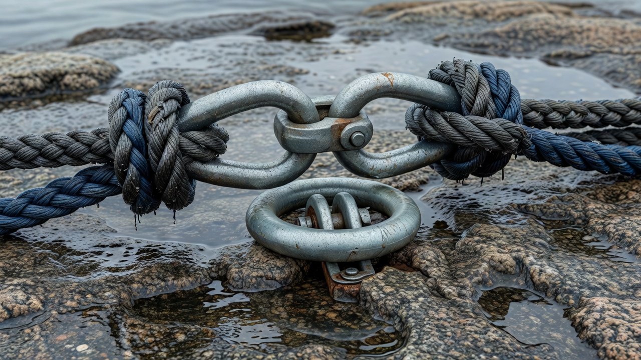 Close deck-level view of braided mooring warps, heavy shackles, and a galvanized shore ring on wet granite