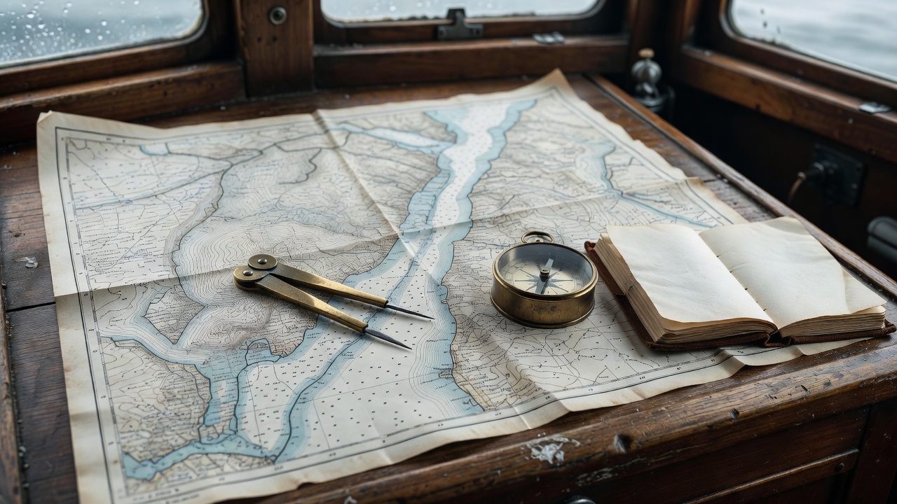 Paper nautical chart of a fjord reach with brass dividers, hand bearing compass, and notebook at the helm