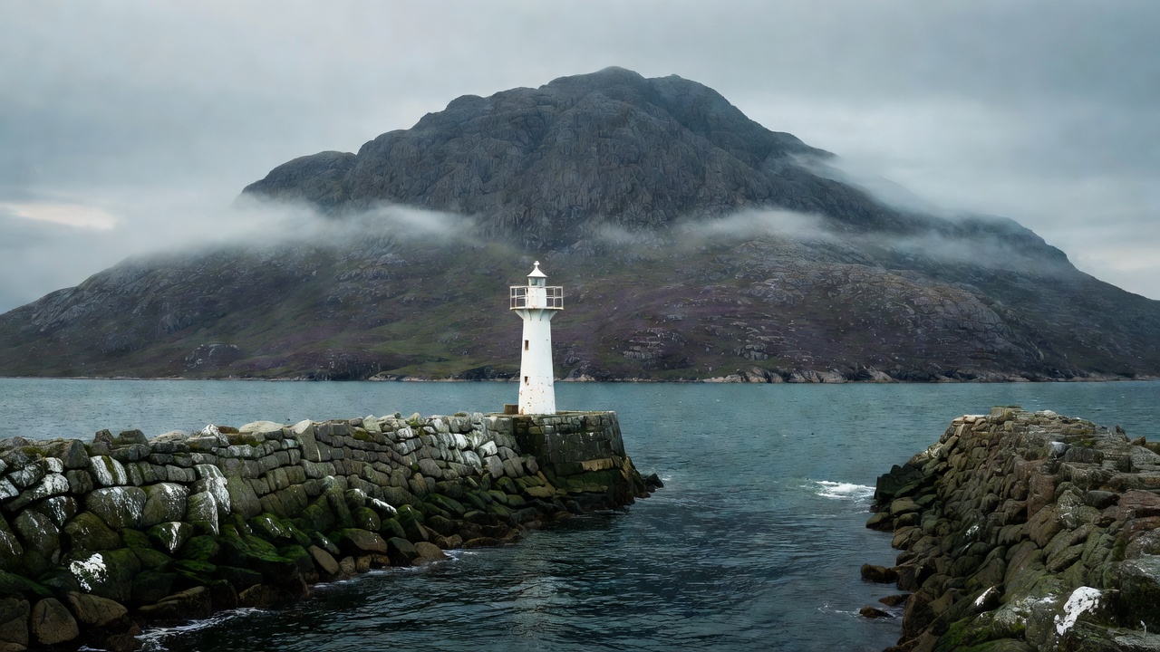 Small stone breakwater entrance with a white navigation beacon and dark mountain backdrop